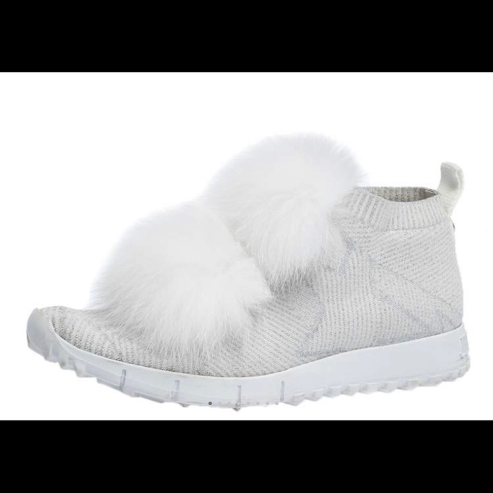 Jimmy Choo White/Silver Knit Fabric And Fur Pom Pom Norway Sneakers